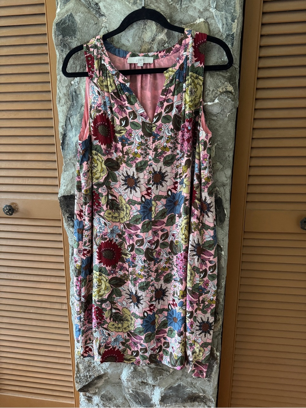 LOFT Pink Floral V-Neck Midi Dress with Multicolor Blooms